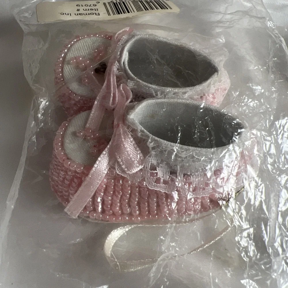 Vintage Pink Beaded Baby‎ Girl Shoes Ornaments 2 Pack Sealed Baby Shower Crafts